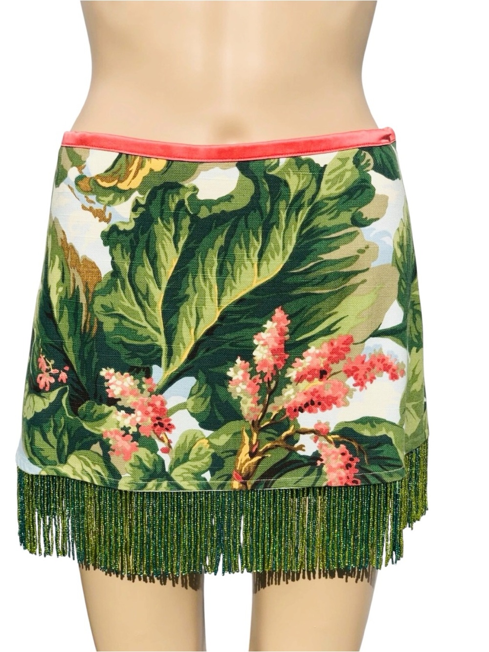 VTG William B skirt Tropical Floral Barkcloth Tapestry Style Beaded Fringe Y2K 8